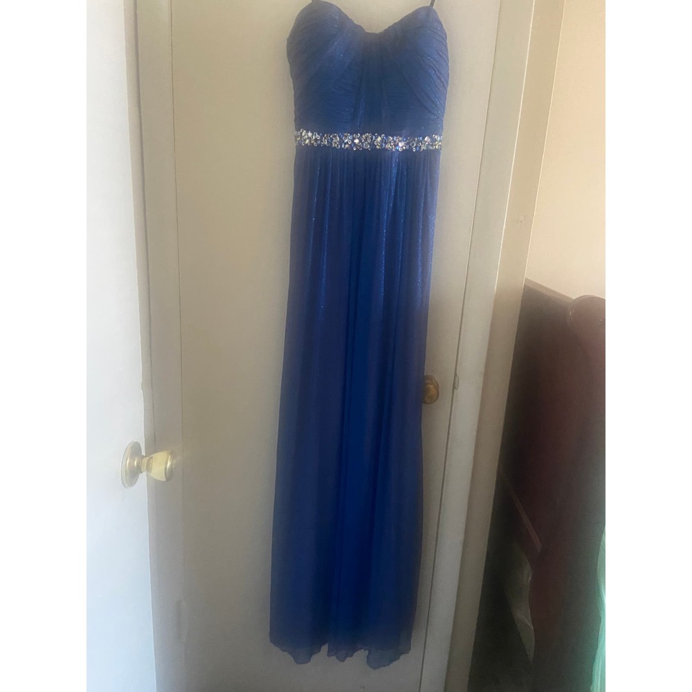 Royal Blue gown strapless with gem detail at waist
